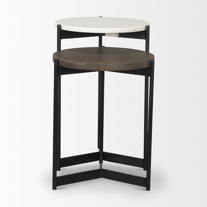 Set of Two Dark Brown and Black Marble Solid Wood and Metal Round Nested Tables