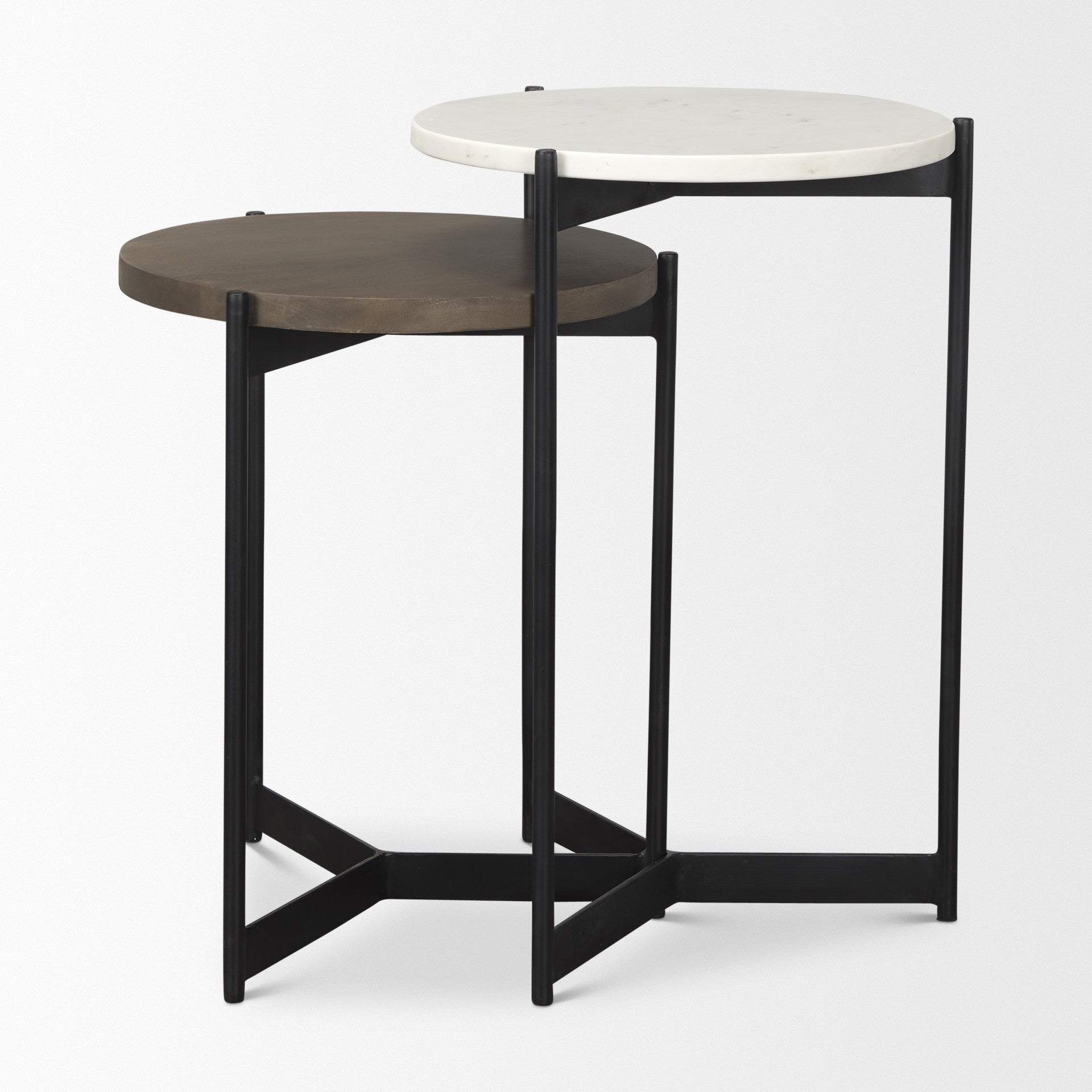 Set of Two Dark Brown and Black Marble Solid Wood and Metal Round Nested Tables