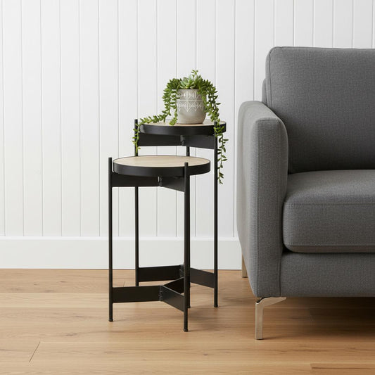 Set of Two Brown And Black Marble And Metal Nested Tables