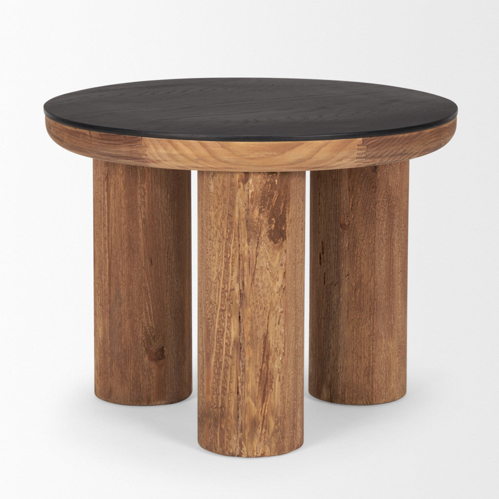 18" Brown And Black Reclaimed Wood Distressed Round End Table
