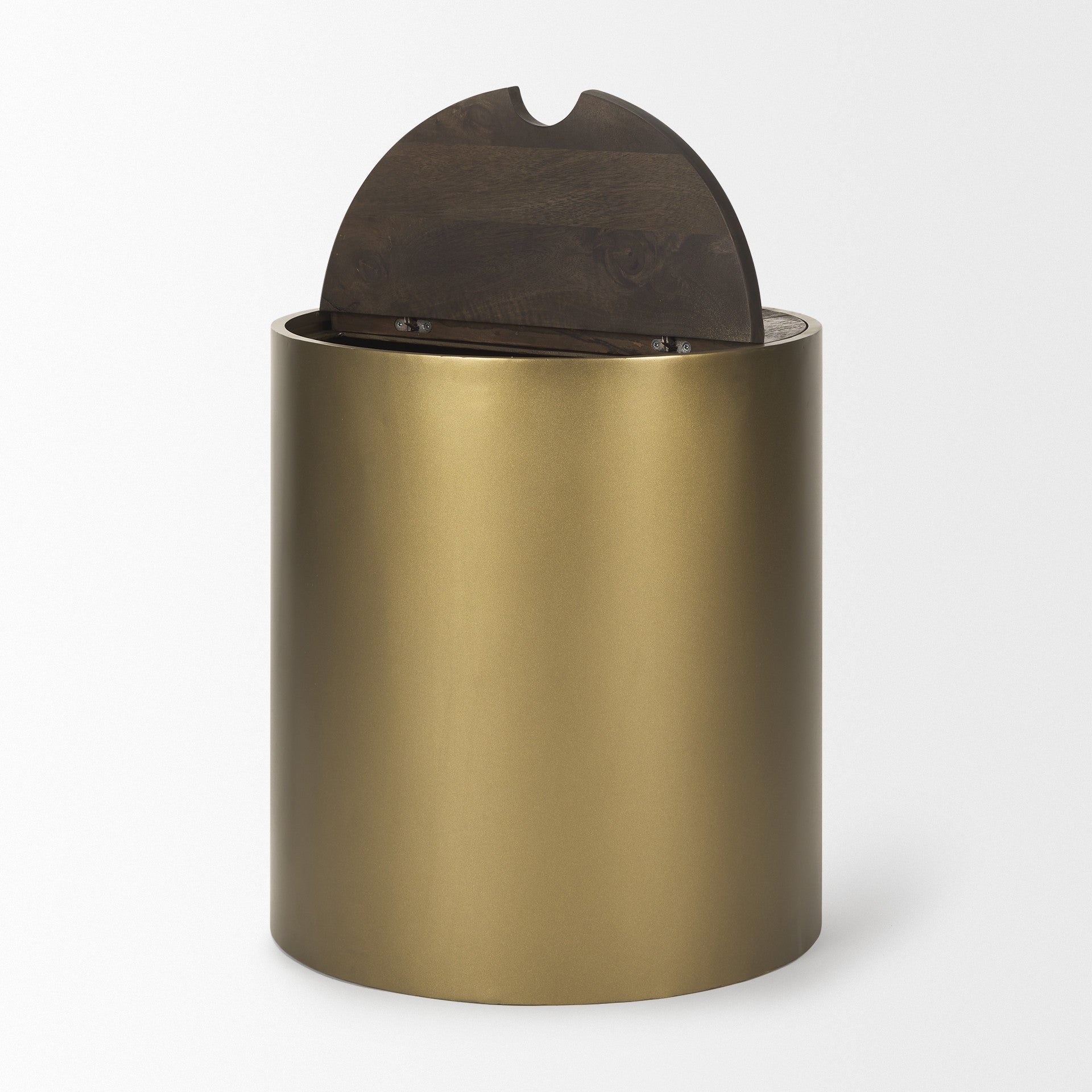 22" Antiqued Gold And Brown Metal And Solid Wood Drum End Table With Storage