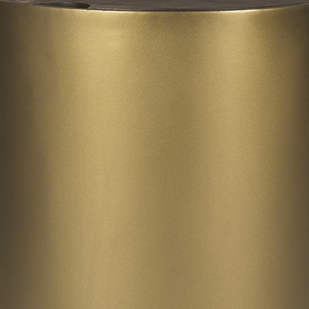 22" Antiqued Gold And Brown Metal And Solid Wood Drum End Table With Storage