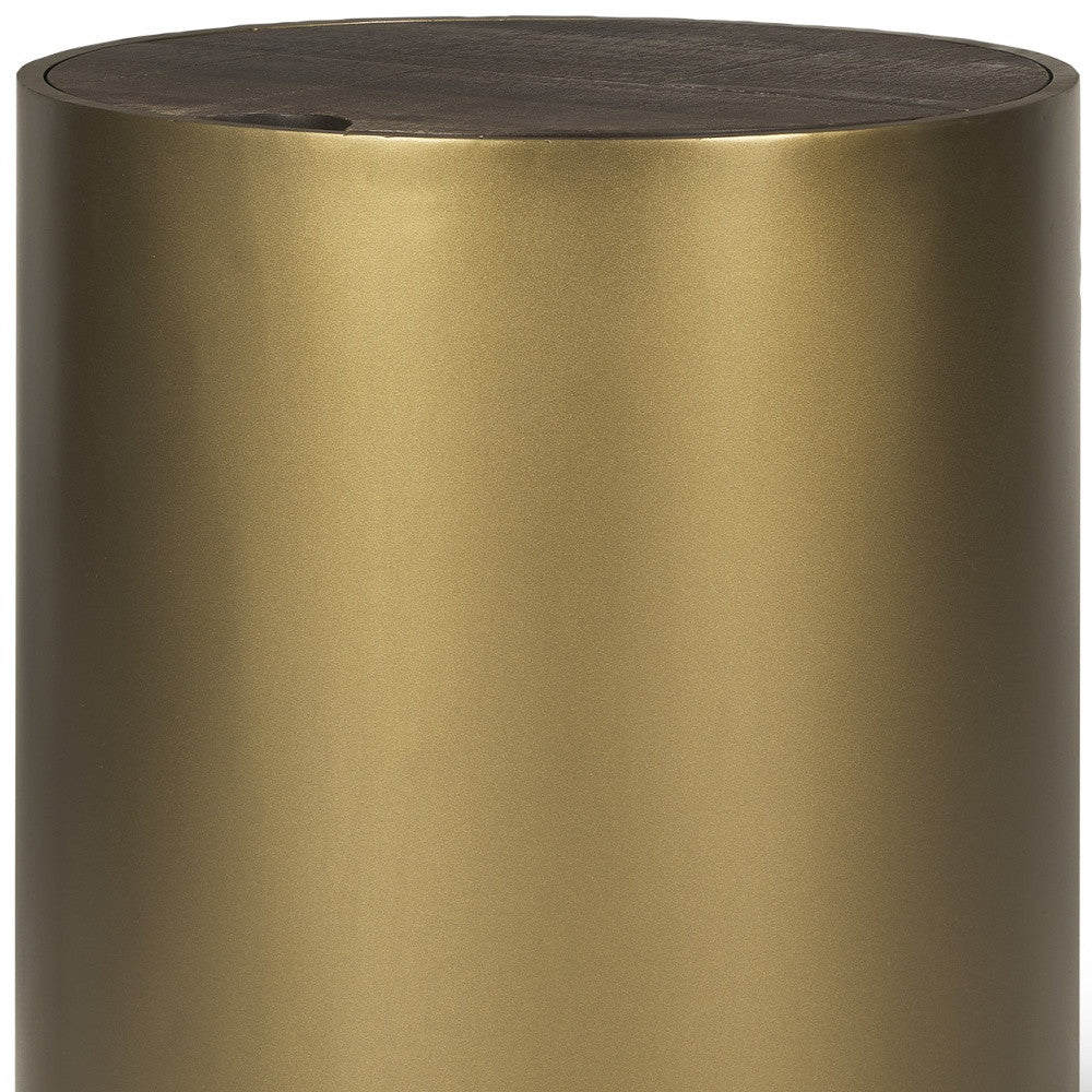 22" Antiqued Gold And Brown Metal And Solid Wood Drum End Table With Storage