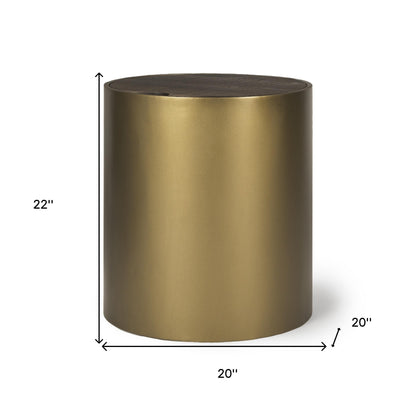 22" Antiqued Gold And Brown Metal And Solid Wood Drum End Table With Storage