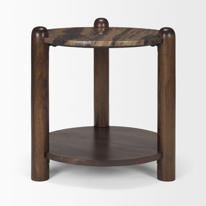 26" Brown Marble And Solid Wood End Table With Shelf