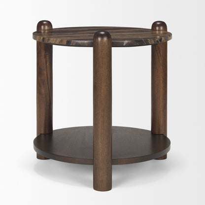 26" Brown Marble And Solid Wood End Table With Shelf