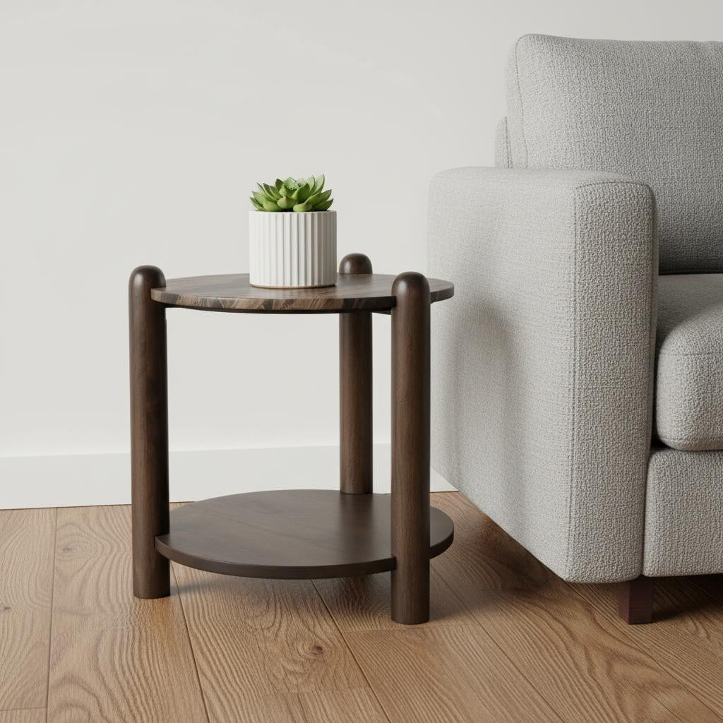 26" Brown Marble And Solid Wood End Table With Shelf