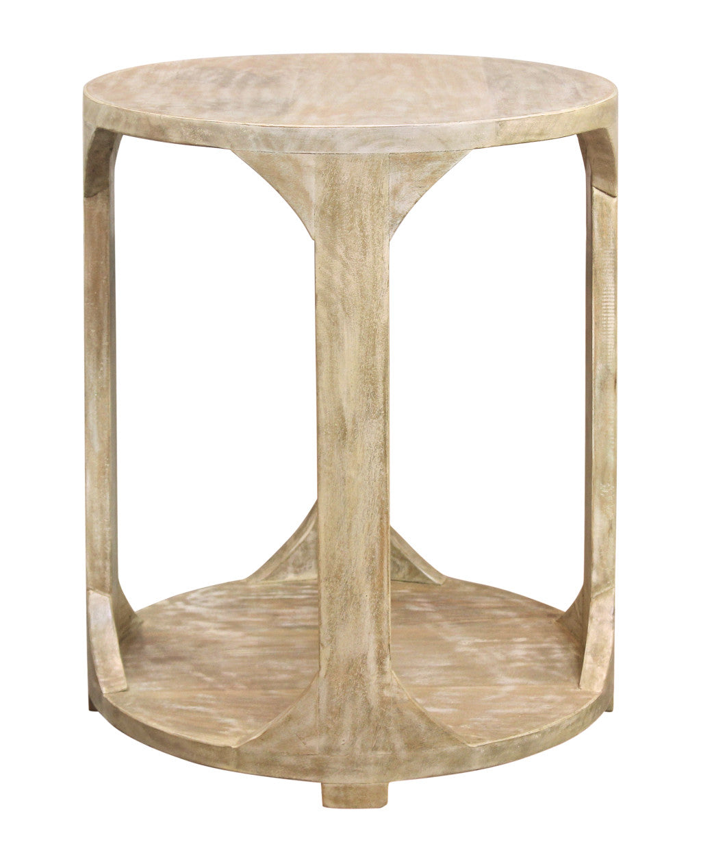 24" Natural Distressed Solid Wood Round Frame End Table With Shelf