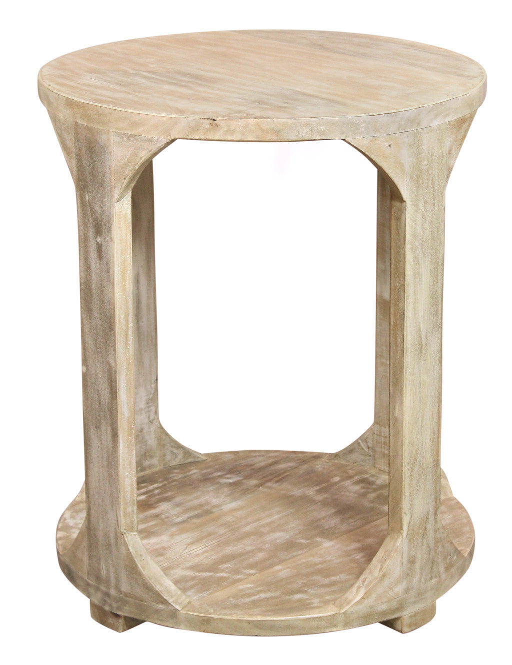 24" Natural Distressed Solid Wood Round Frame End Table With Shelf
