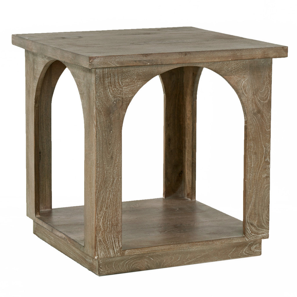 24" Brown Distressed Solid Wood Square Floor Shelf End Table