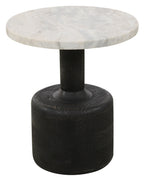 21" White and Black Distressed Marble and Solid Wood Round Pedestal End Table
