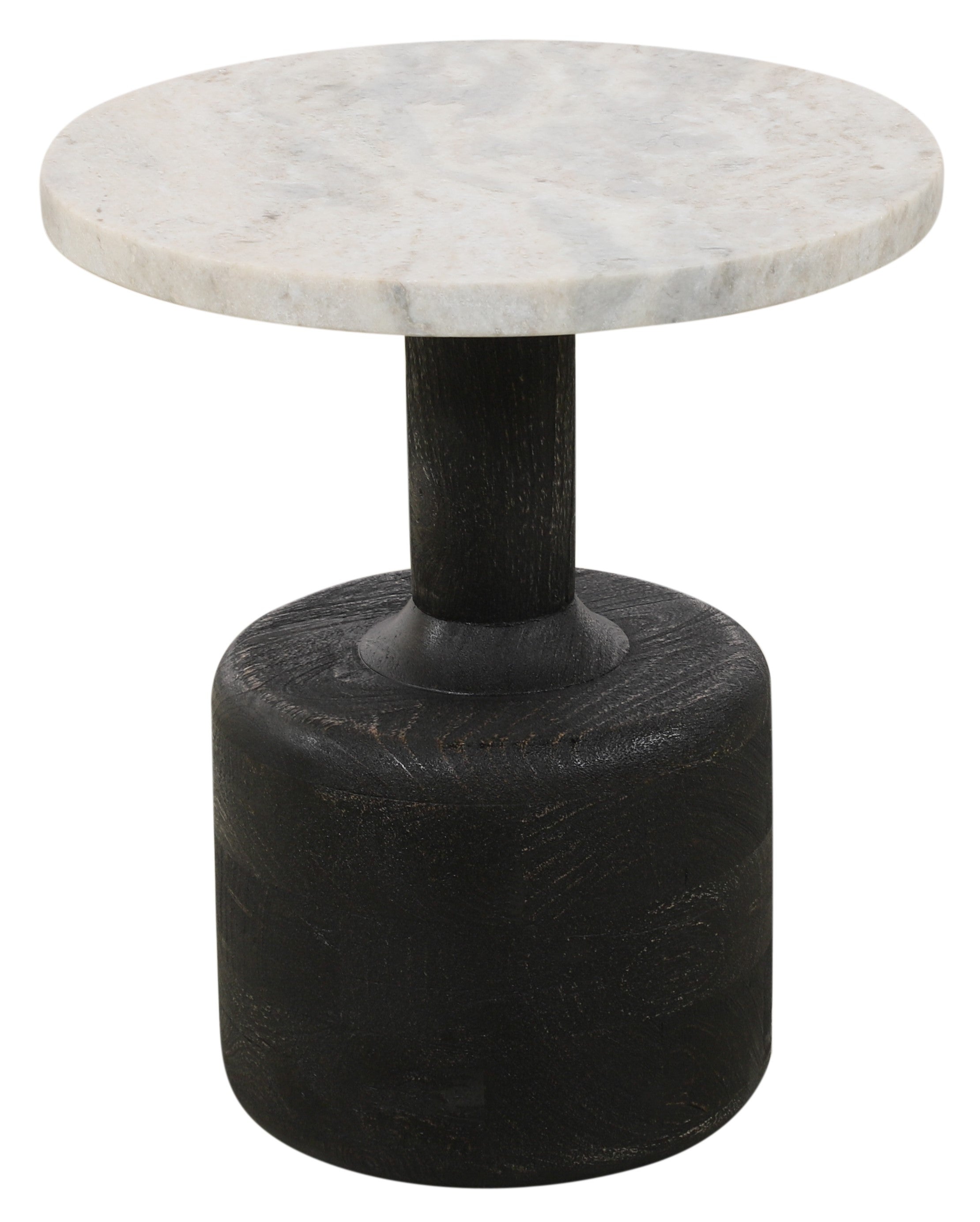 21" White and Black Distressed Marble and Solid Wood Round Pedestal End Table