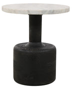 21" White and Black Distressed Marble and Solid Wood Round Pedestal End Table