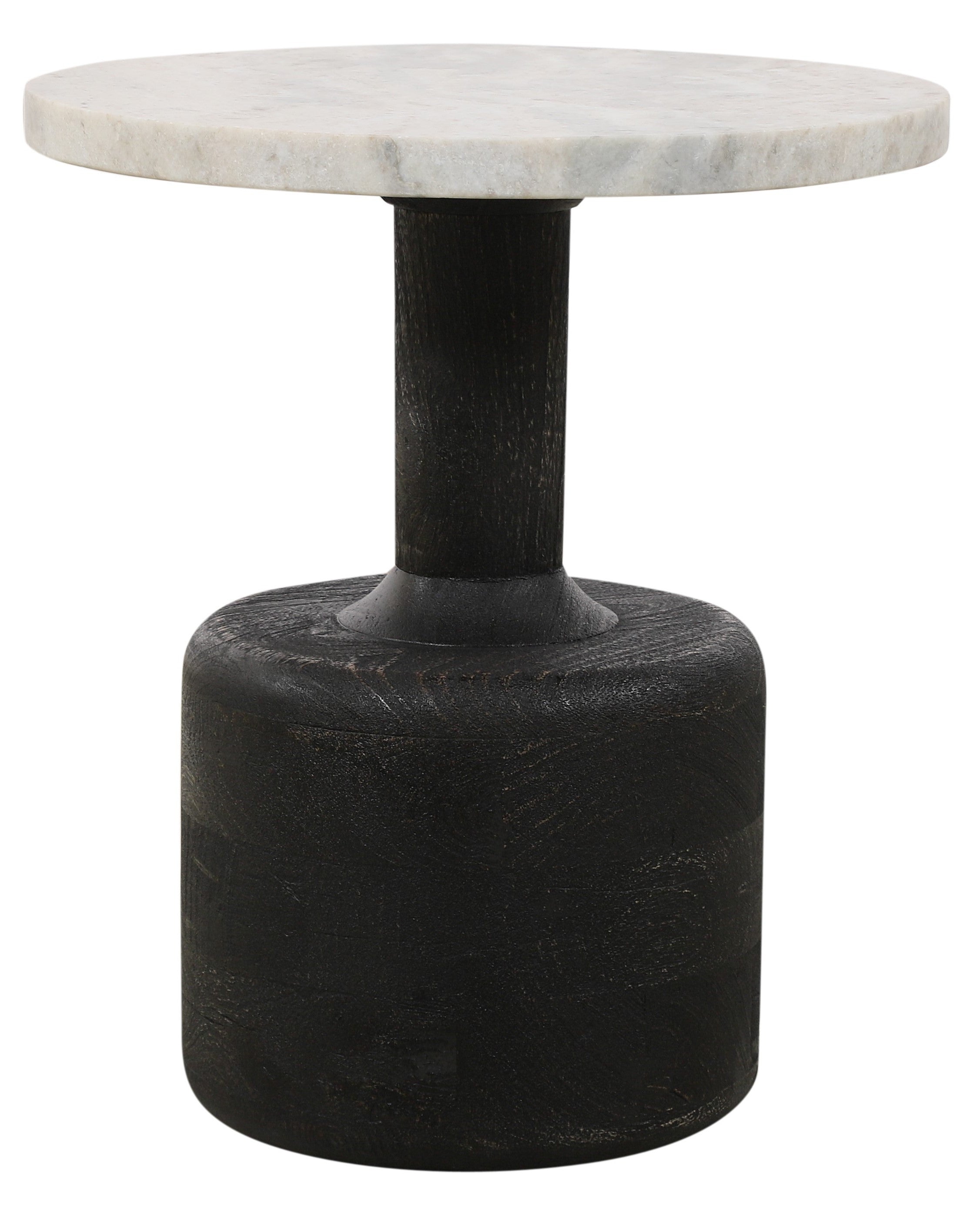 21" White and Black Distressed Marble and Solid Wood Round Pedestal End Table