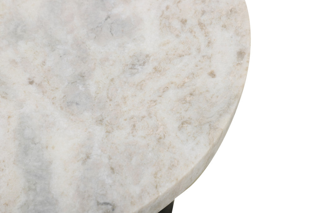 21" White and Black Distressed Marble and Solid Wood Round Pedestal End Table