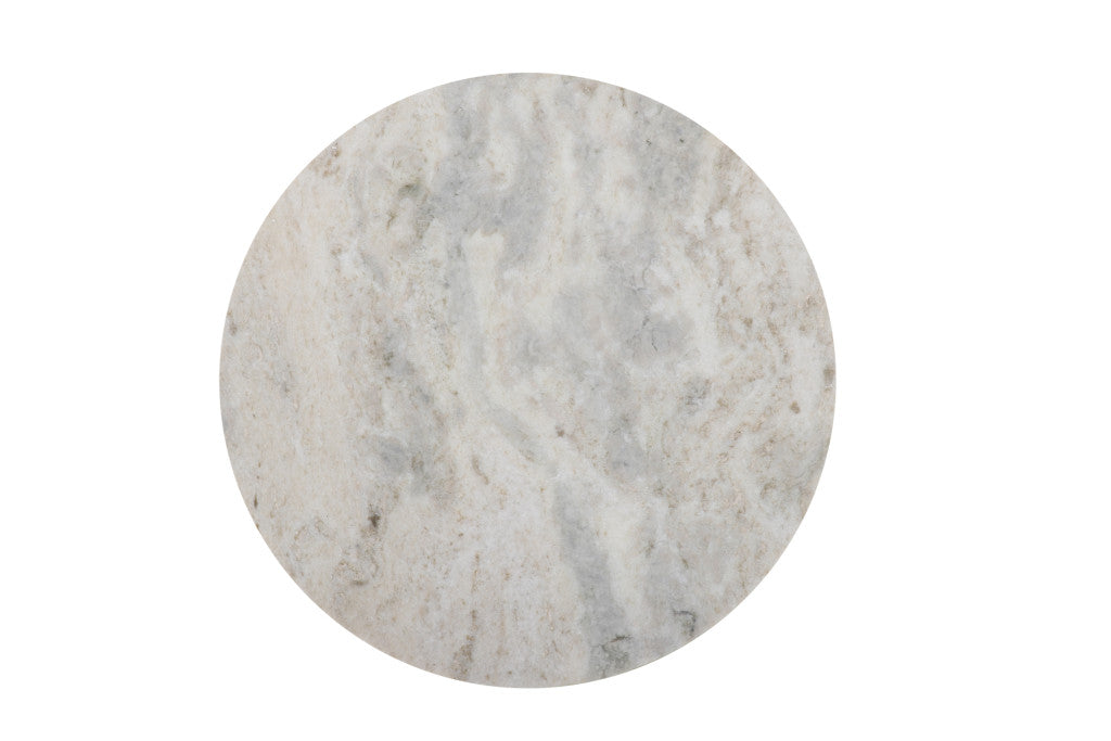21" White and Black Distressed Marble and Solid Wood Round Pedestal End Table