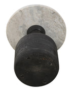 21" White and Black Distressed Marble and Solid Wood Round Pedestal End Table