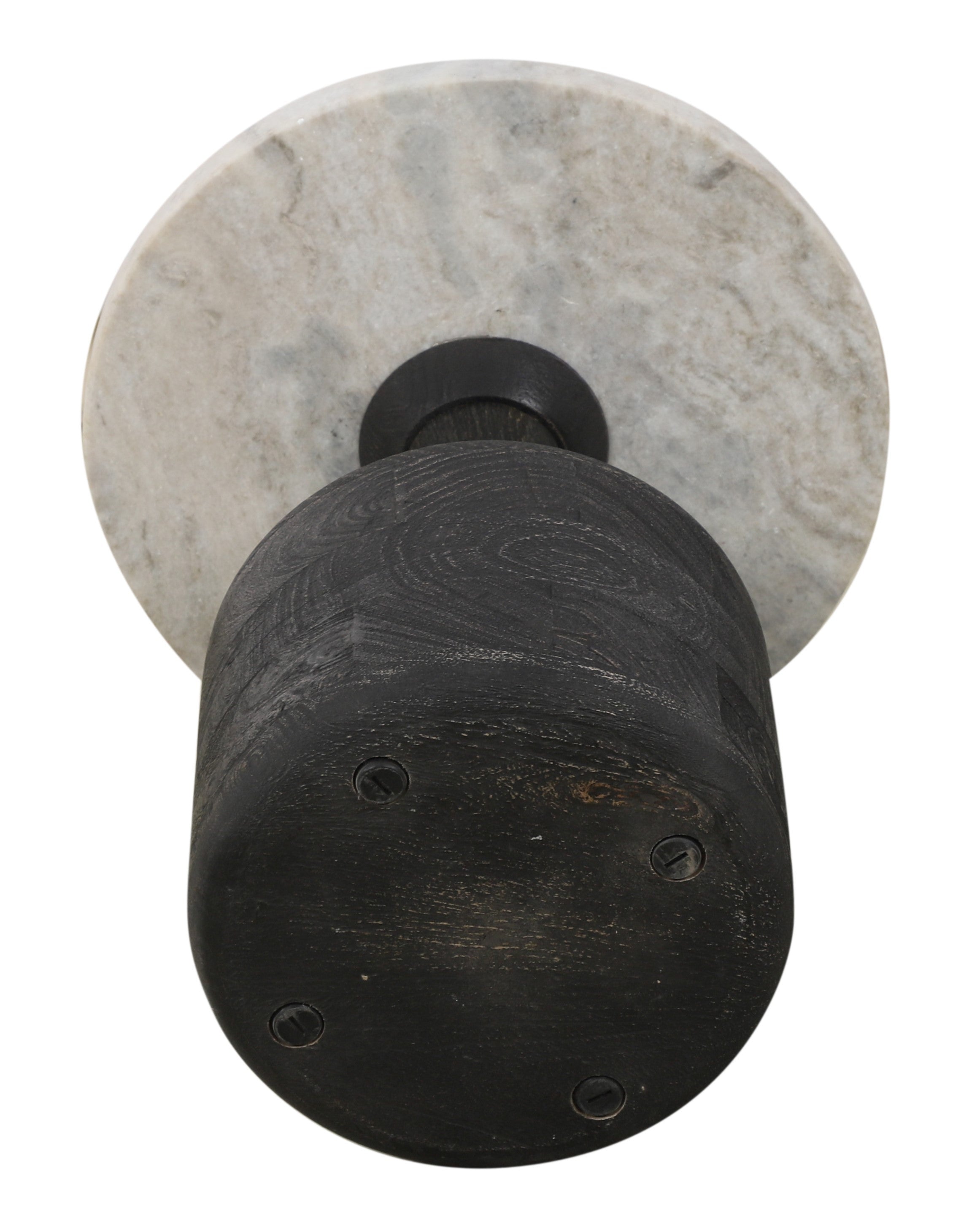 21" White and Black Distressed Marble and Solid Wood Round Pedestal End Table