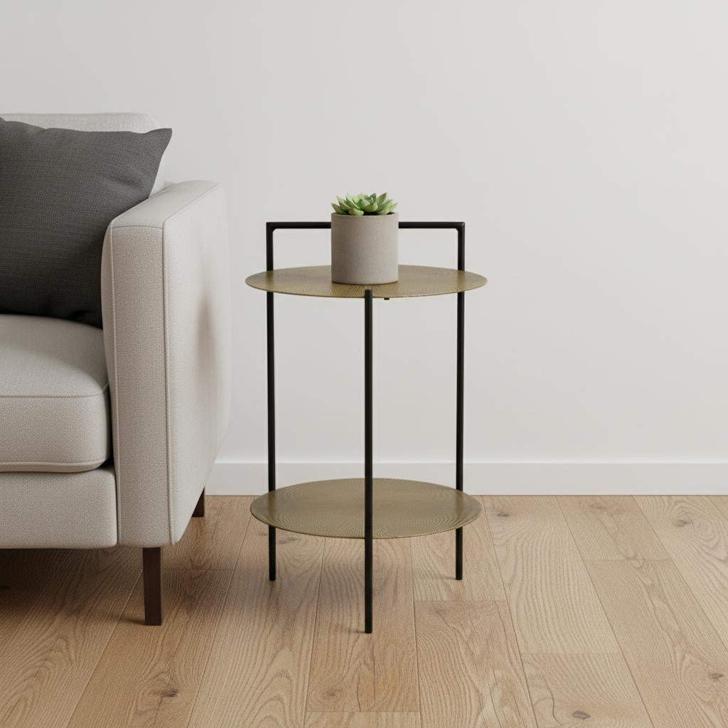 22" Brass Iron Round End Table With Shelf