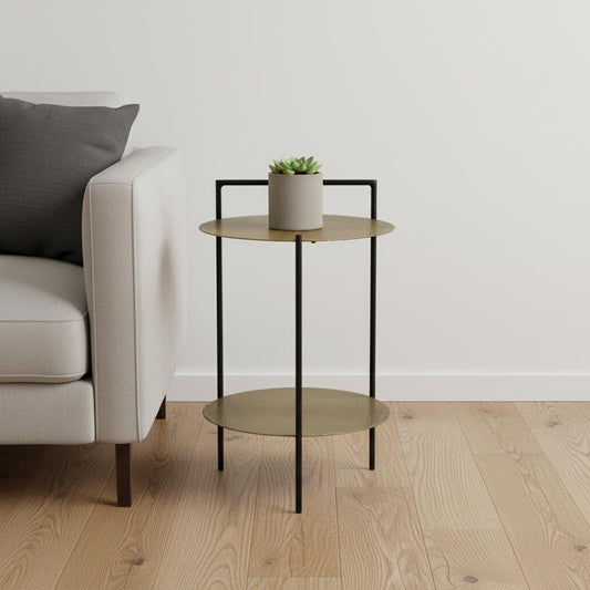 22" Brass Iron Round End Table With Shelf