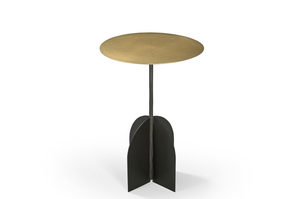 23" Brass And Black Iron Round Pedestal End Table