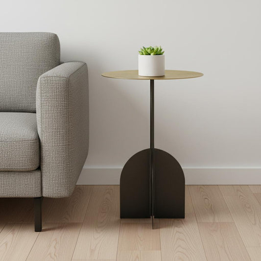 23" Brass And Black Iron Round Pedestal End Table
