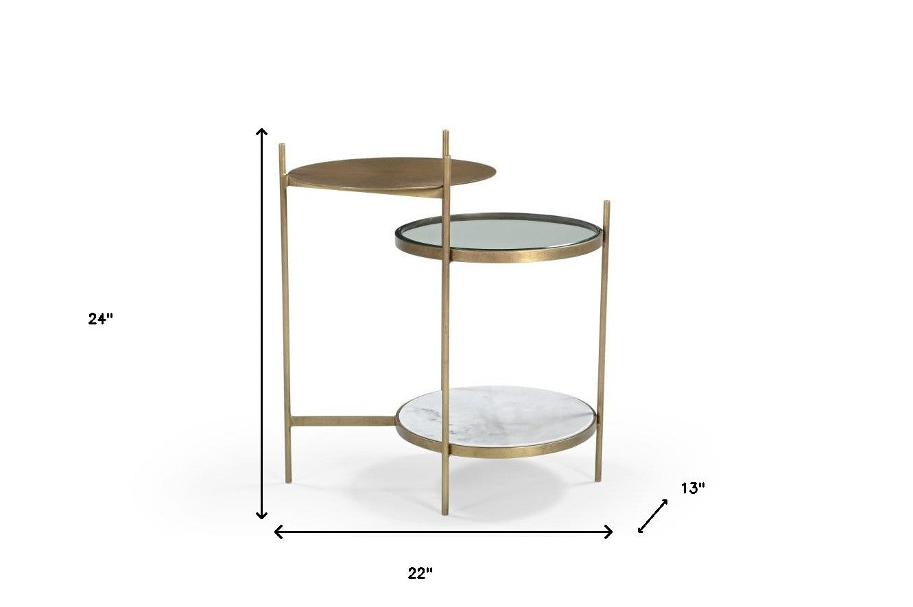 24" Brass Iron Round End Table With Shelf