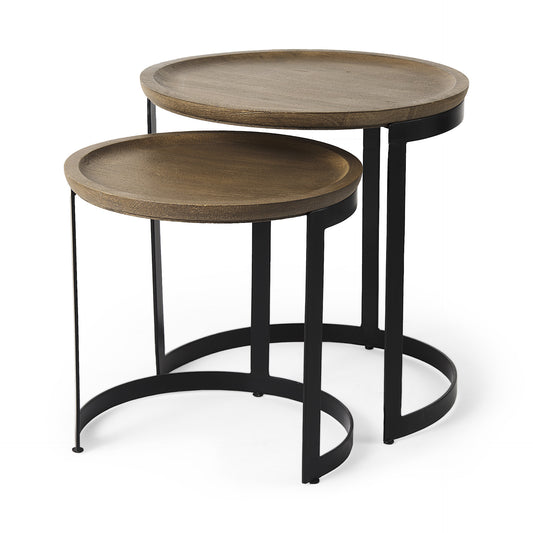 Set of Two 19" Brown and Black Solid Wood and Metal Tray Tables
