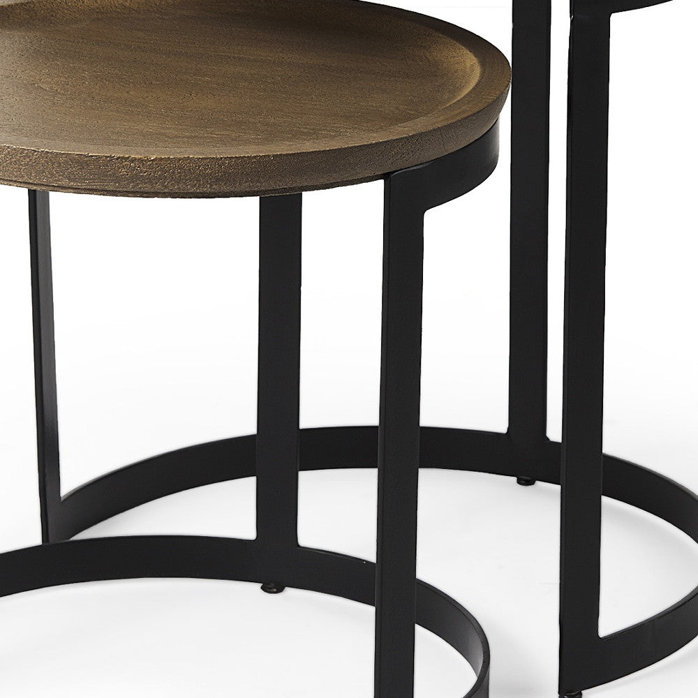 Set of Two 19" Brown and Black Solid Wood and Metal Tray Tables