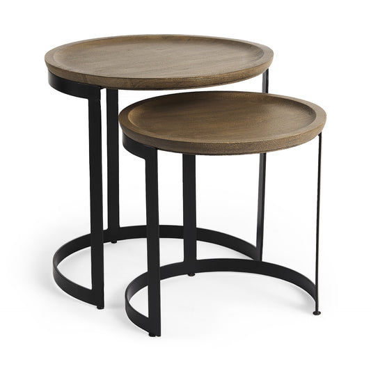 Set of Two 19" Brown and Black Solid Wood and Metal Tray Tables