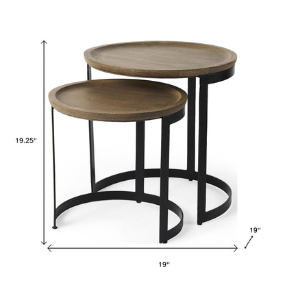 Set of Two 19" Brown and Black Solid Wood and Metal Tray Tables