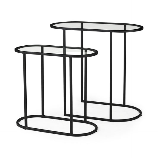 Set of Two 13" Clear and Black Glass and Metal Tray Tables