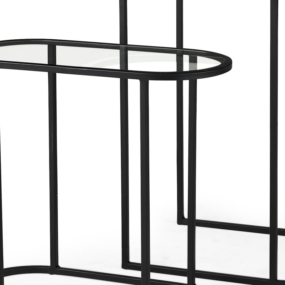 Set of Two 13" Clear and Black Glass and Metal Tray Tables