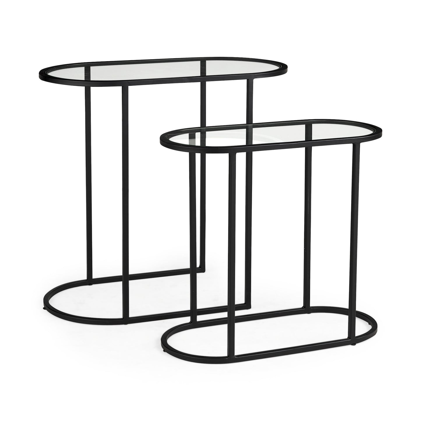 Set of Two 13" Clear and Black Glass and Metal Tray Tables