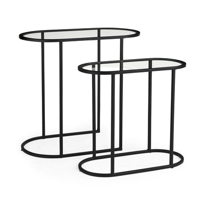 Set of Two 13" Clear and Black Glass and Metal Tray Tables