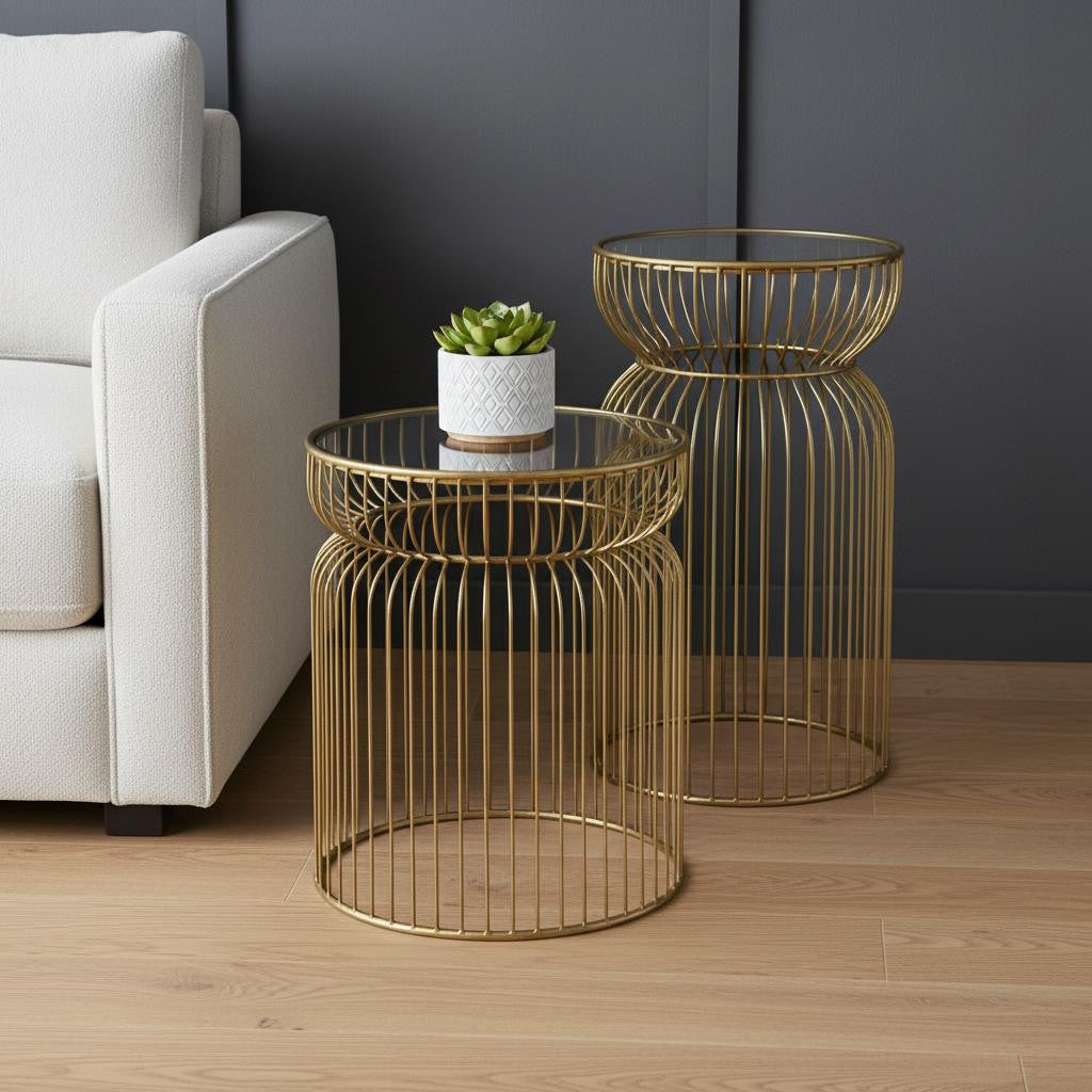 Set of Two Clear and Gold Tempered Glass and Metal Wire Round Drum End Tables