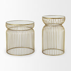 Set of Two Clear and Gold Tempered Glass and Metal Wire Round Drum End Tables