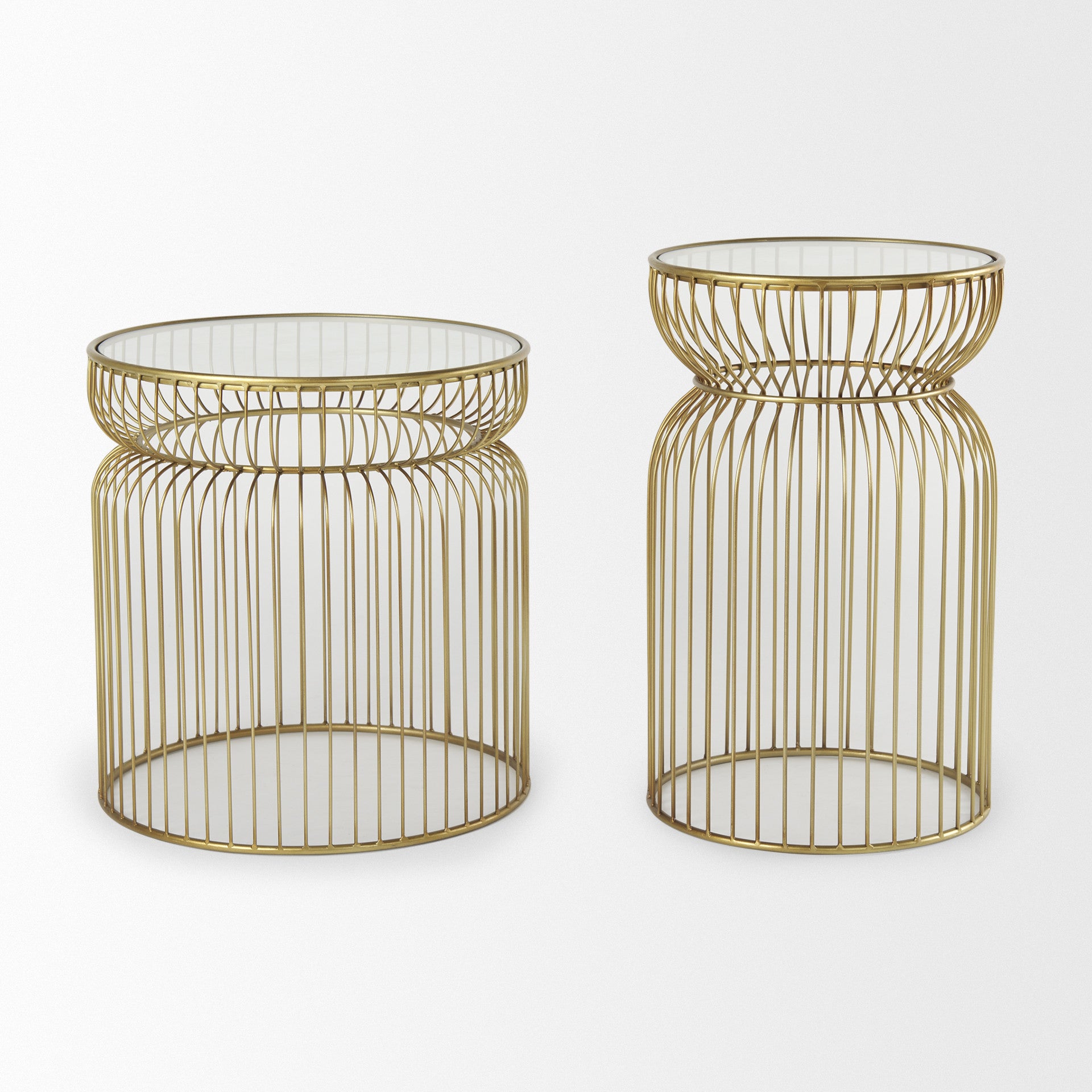 Set of Two Clear and Gold Tempered Glass and Metal Wire Round Drum End Tables