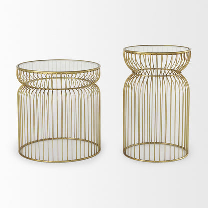 Set of Two Clear and Gold Tempered Glass and Metal Wire Round Drum End Tables