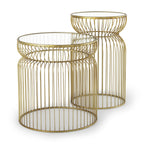 Set of Two Clear and Gold Tempered Glass and Metal Wire Round Drum End Tables