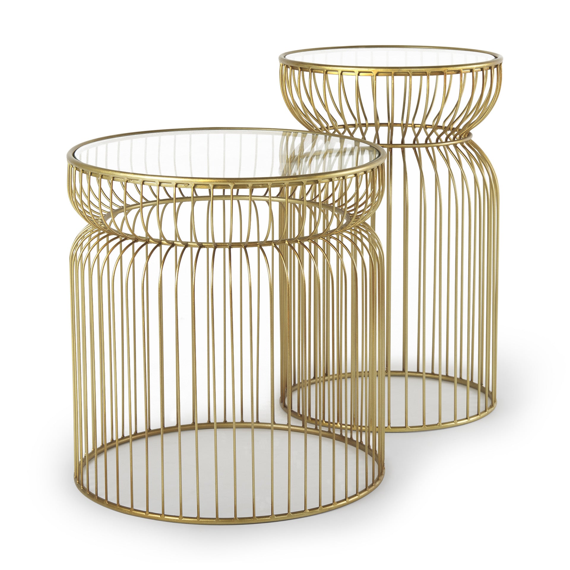 Set of Two Clear and Gold Tempered Glass and Metal Wire Round Drum End Tables