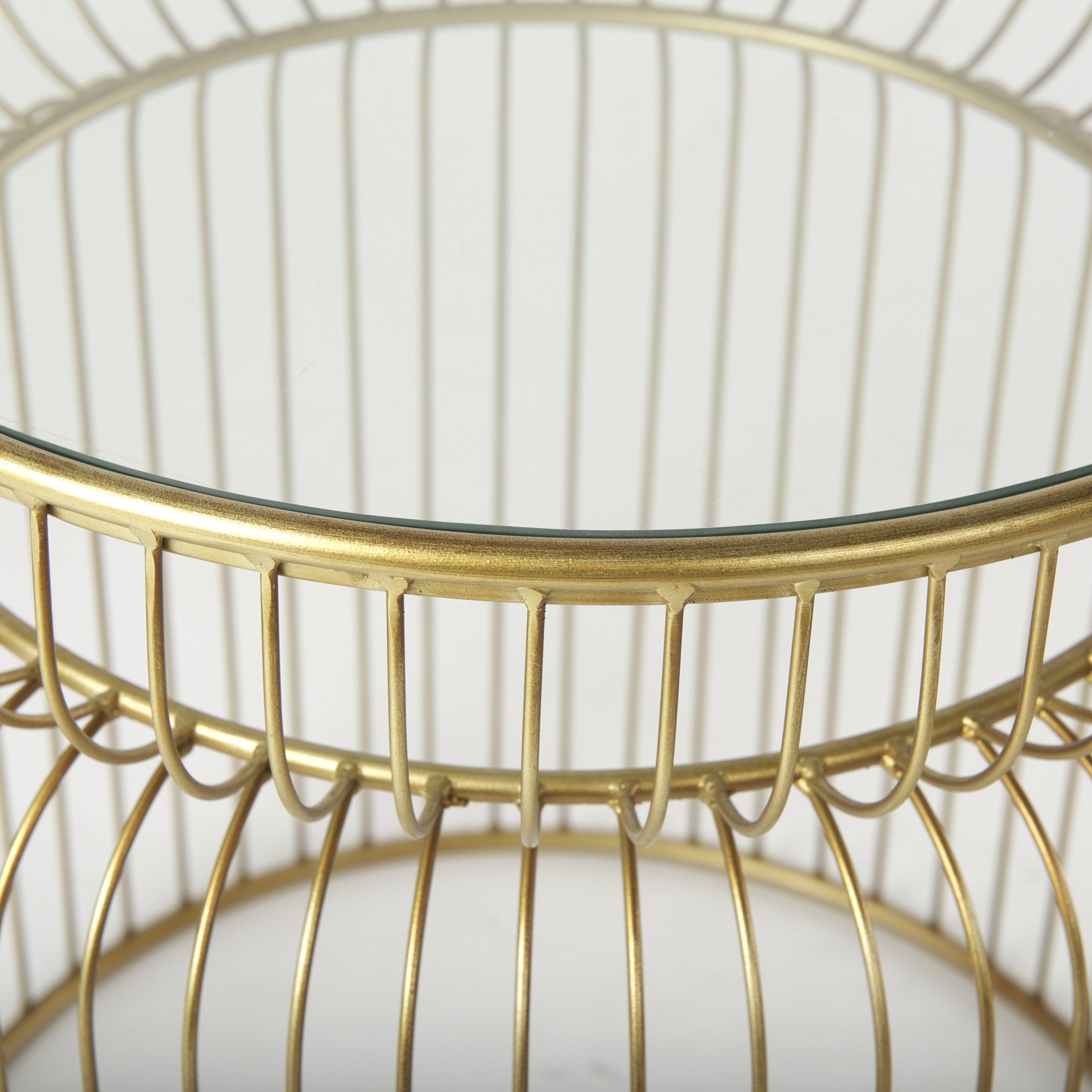 Set of Two Clear and Gold Tempered Glass and Metal Wire Round Drum End Tables