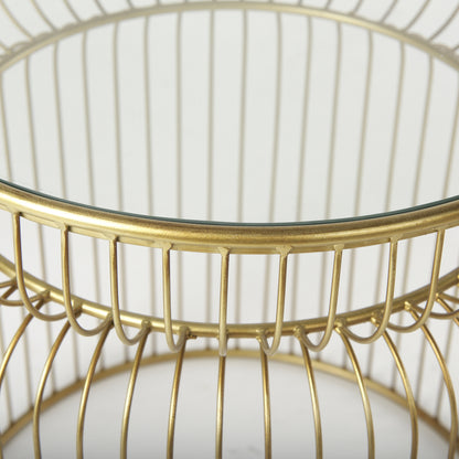 Set of Two Clear and Gold Tempered Glass and Metal Wire Round Drum End Tables