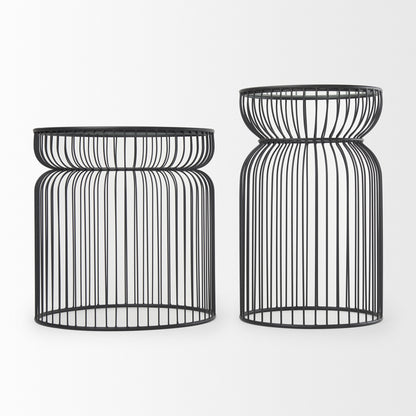 Set of Two Clear and Black Tempered Glass and Metal Wire Round Drum End Tables