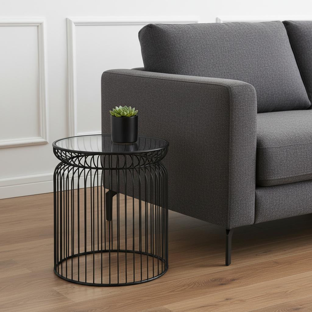 Set of Two Clear and Black Tempered Glass and Metal Wire Round Drum End Tables