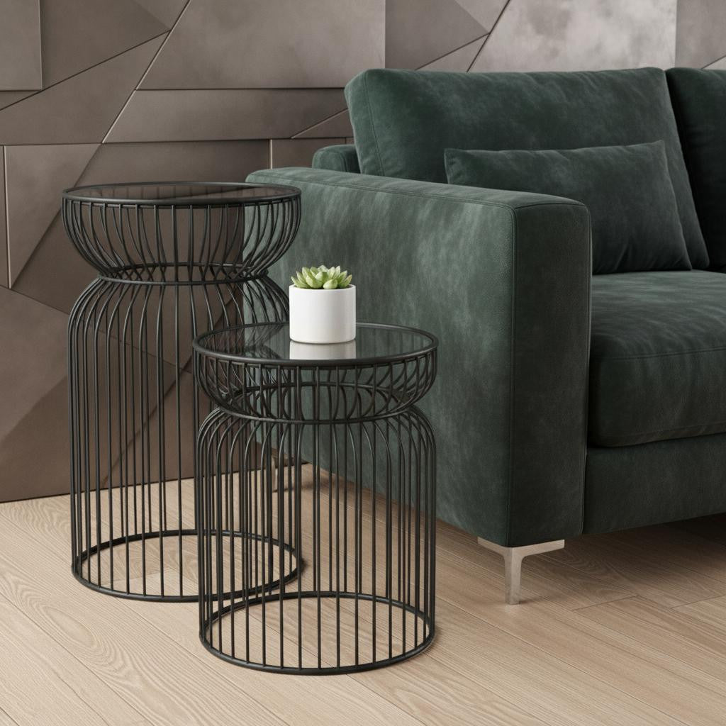 Set of Two Clear and Black Tempered Glass and Metal Wire Round Drum End Tables