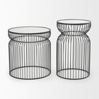 Set of Two Clear and Black Tempered Glass and Metal Wire Round Drum End Tables