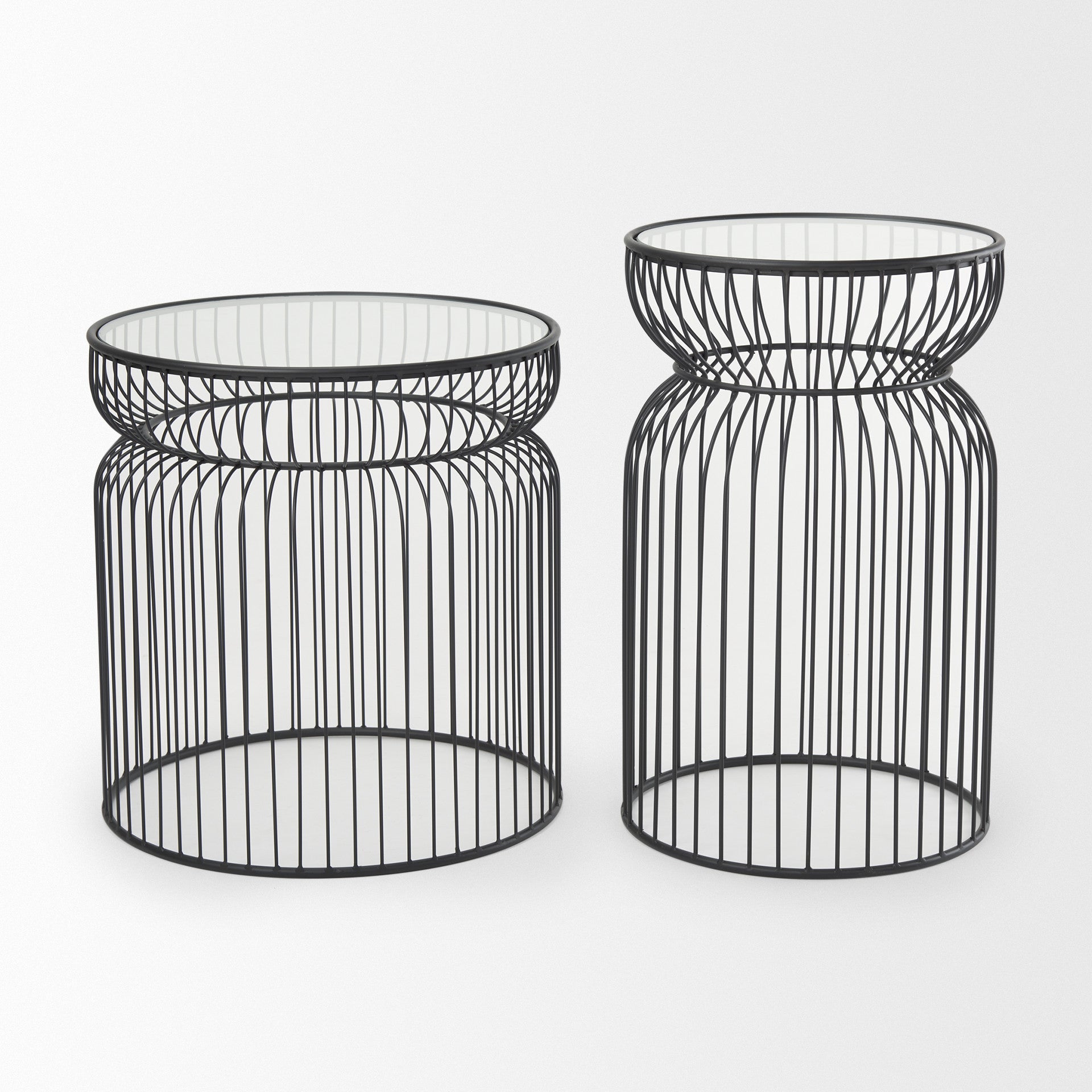Set of Two Clear and Black Tempered Glass and Metal Wire Round Drum End Tables