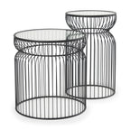 Set of Two Clear and Black Tempered Glass and Metal Wire Round Drum End Tables