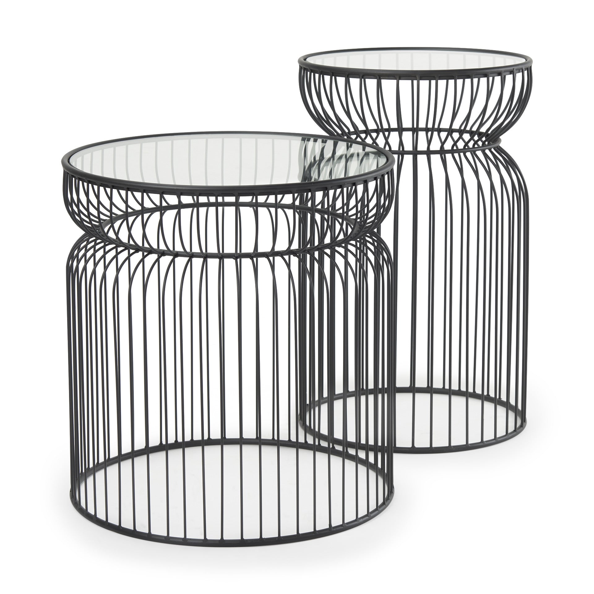Set of Two Clear and Black Tempered Glass and Metal Wire Round Drum End Tables